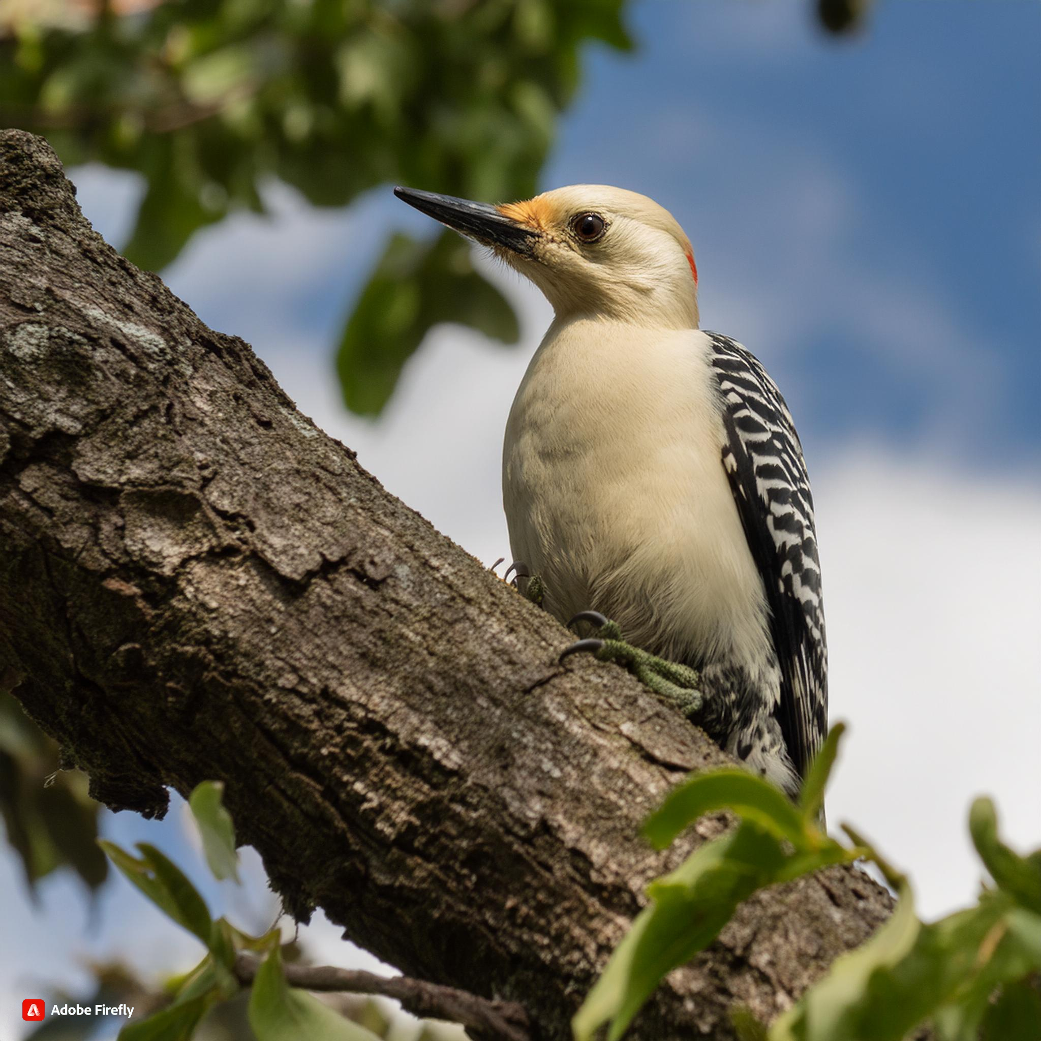 AI generated picture of a woodpecker sitting o n a tree, the woodpecker have intense look